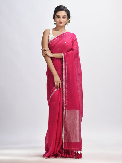 Women's Deep pink linen all body cumki in pallu zori handloom saree