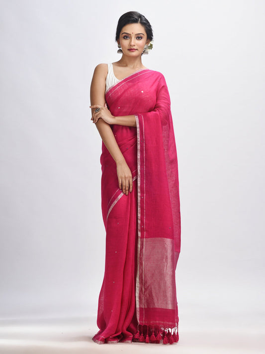 Women's Deep pink linen all body cumki in pallu zori handloom saree