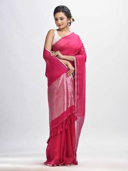 Women's Deep pink linen all body cumki in pallu zori handloom saree
