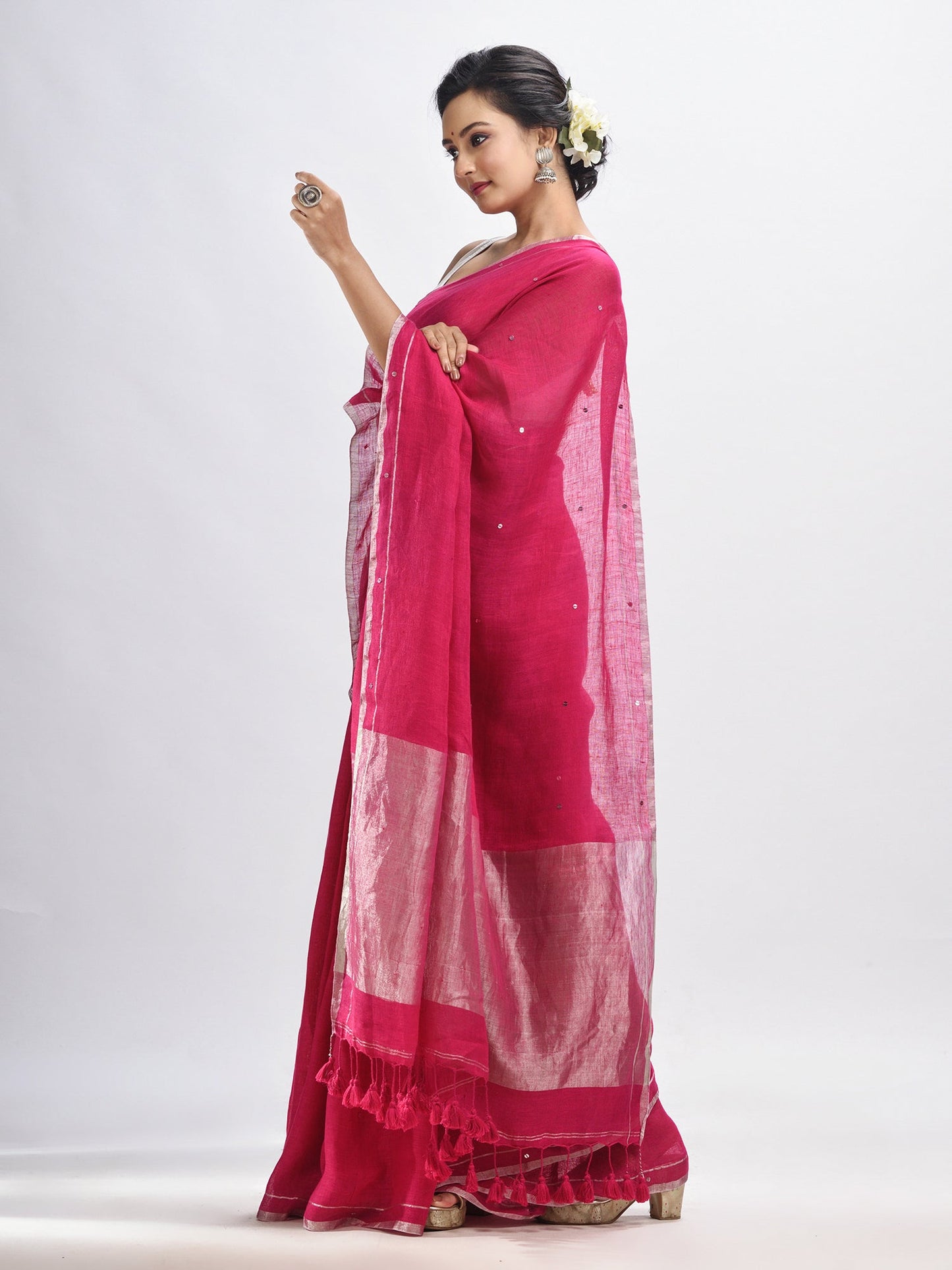 Women's Deep pink linen all body cumki in pallu zori handloom saree