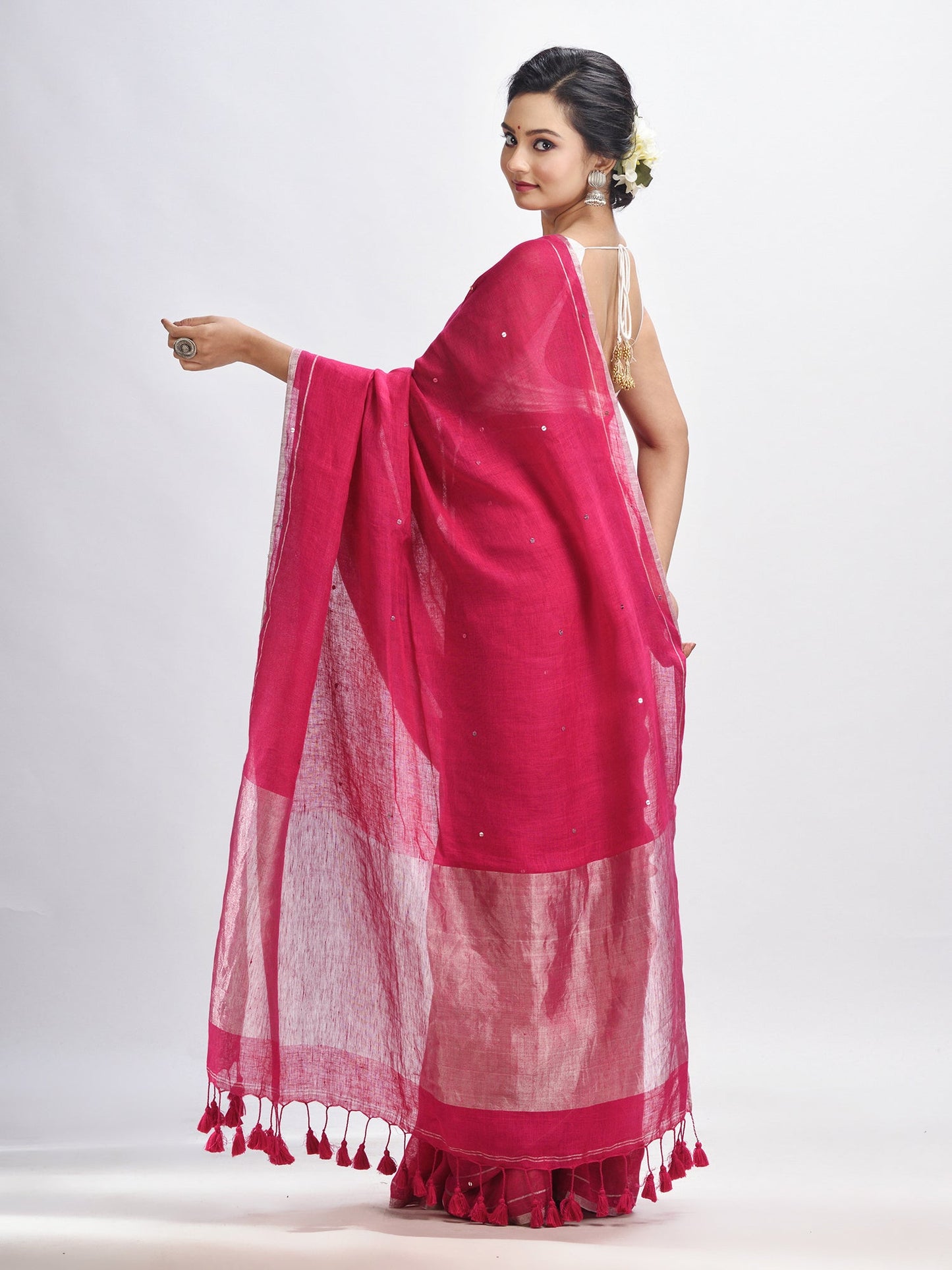Women's Deep pink linen all body cumki in pallu zori handloom saree