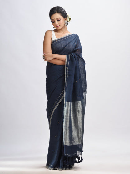 Women's Nevy blue linen all body cumki in pallu zori handloom saree