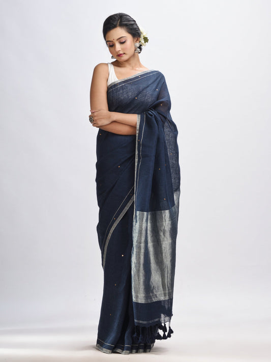 Women's Nevy blue linen all body cumki in pallu zori handloom saree