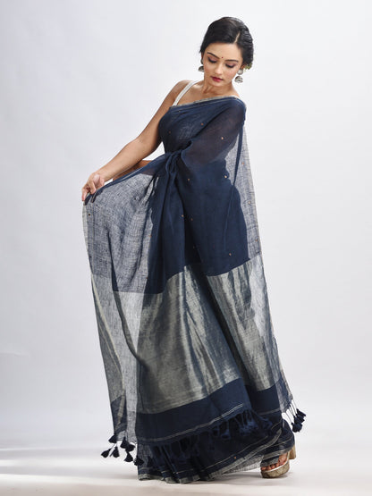 Women's Nevy blue linen all body cumki in pallu zori handloom saree