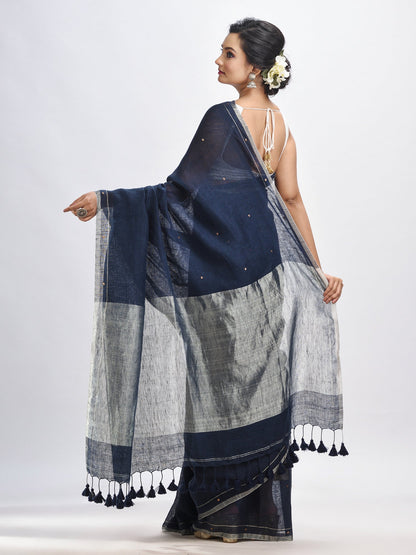 Women's Nevy blue linen all body cumki in pallu zori handloom saree