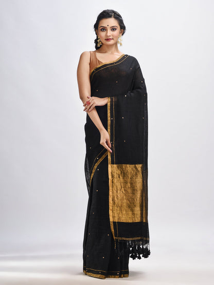 Women's Black linen all body cumki in pallu zori handloom saree