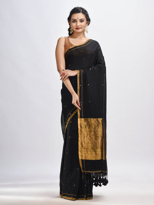 Women's Black linen all body cumki in pallu zori handloom saree