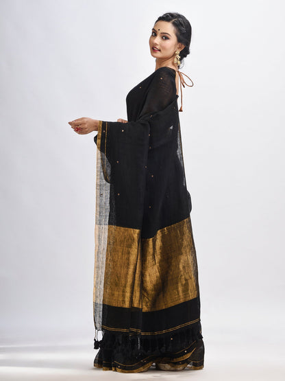 Women's Black linen all body cumki in pallu zori handloom saree