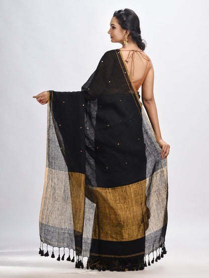 Women's Black linen all body cumki in pallu zori handloom saree
