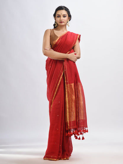 Women's Red linen all body cumki in pallu zori handloom saree