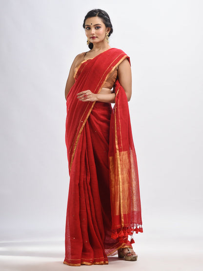 Women's Red linen all body cumki in pallu zori handloom saree