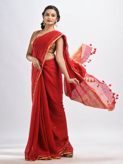 Women's Red linen all body cumki in pallu zori handloom saree