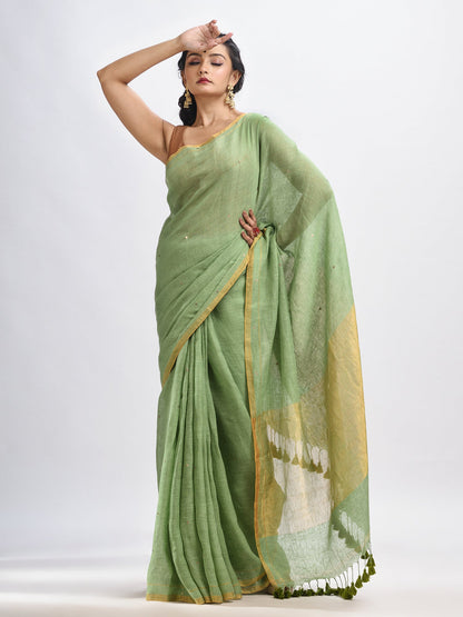 Women's Yellow green linen all body cumki in pallu zori handloom saree