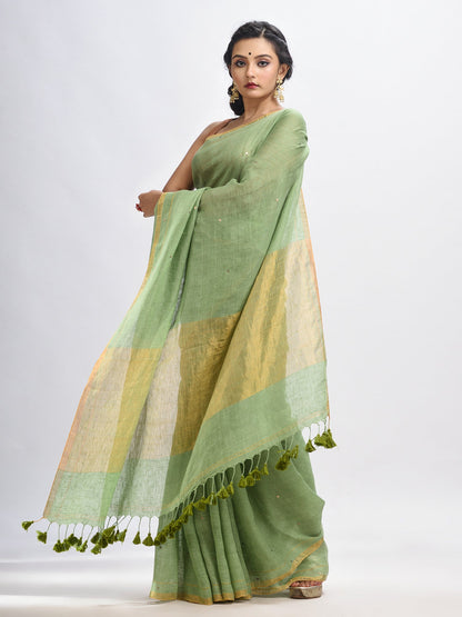 Women's Yellow green linen all body cumki in pallu zori handloom saree