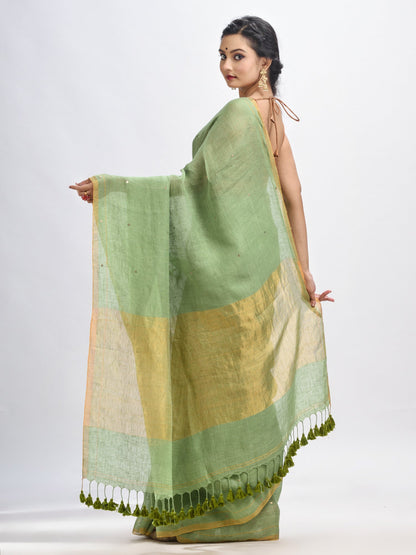 Women's Yellow green linen all body cumki in pallu zori handloom saree