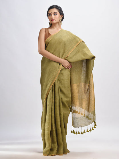 Women's green linen all body cumki in pallu zori handloom saree
