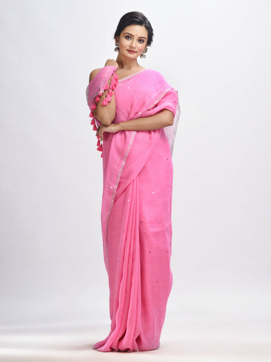 Women's Taffy pink linen all body cumki in pallu zori handloom saree