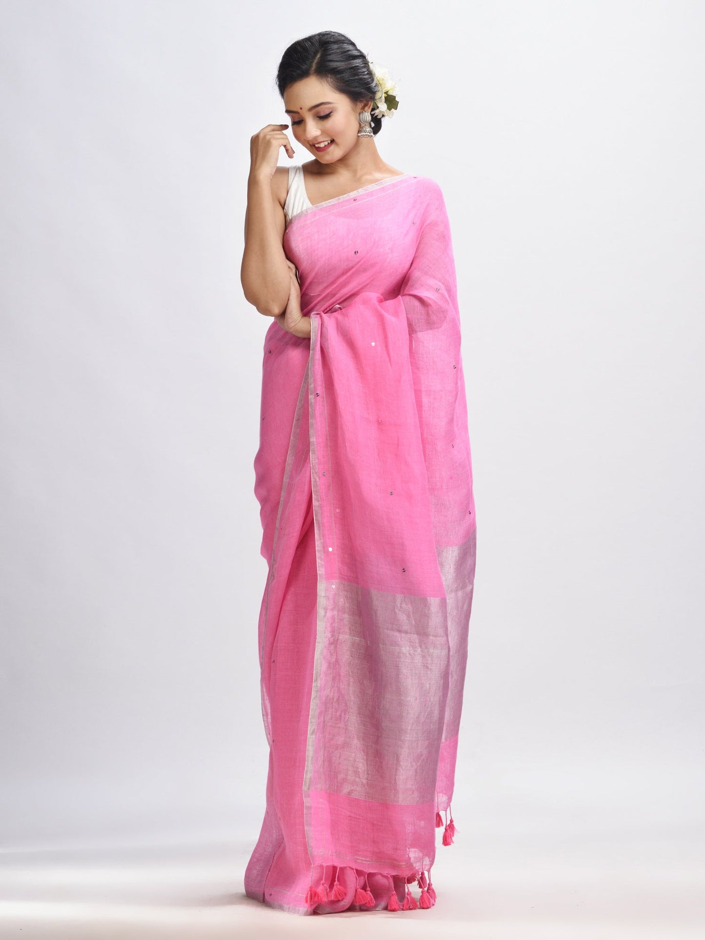 Women's Taffy pink linen all body cumki in pallu zori handloom saree
