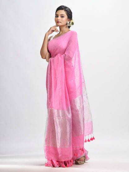 Women's Taffy pink linen all body cumki in pallu zori handloom saree