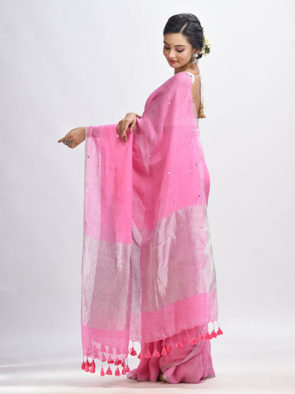 Women's Taffy pink linen all body cumki in pallu zori handloom saree