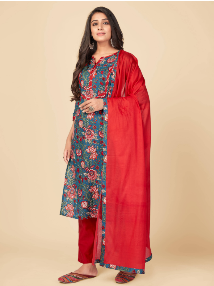 Women's Printed & Gota Patti Work Straight Cotton Blue Kurta Pant With Dupatta (3Pcs Set)