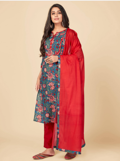 Women's Printed & Gota Patti Work Straight Cotton Blue Kurta Pant With Dupatta (3Pcs Set)