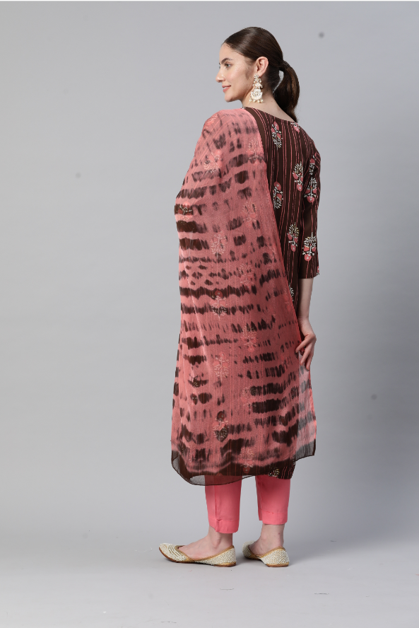 Women's Print & Embroidered Straight Rayon Brown Stitched Kurta Pant With Dupatta