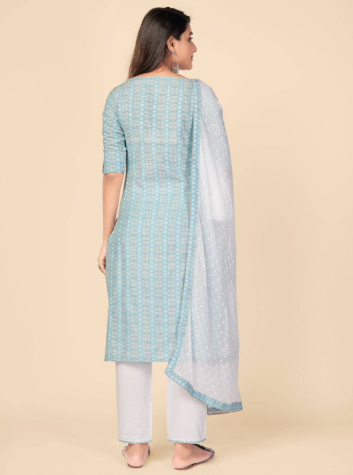 Women's Printed & Hand Work Straight Cotton Sky Blue Kurta Pant With Dupatta (3Pcs Set)