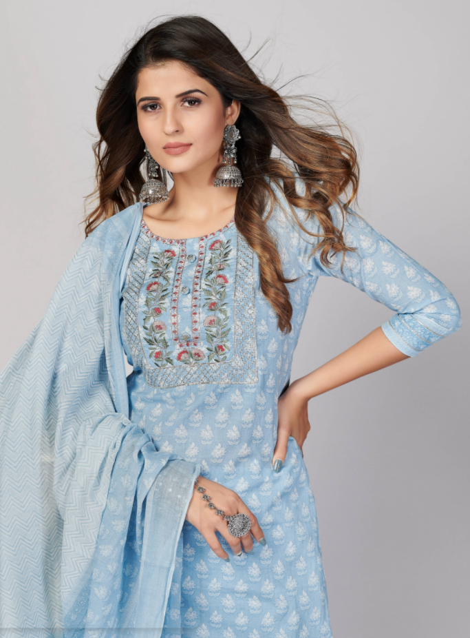 Women's Printed & Embroidered Straight Cotton Sky Blue Stitched Kurta Pant With Dupatta (3Pcs Set)