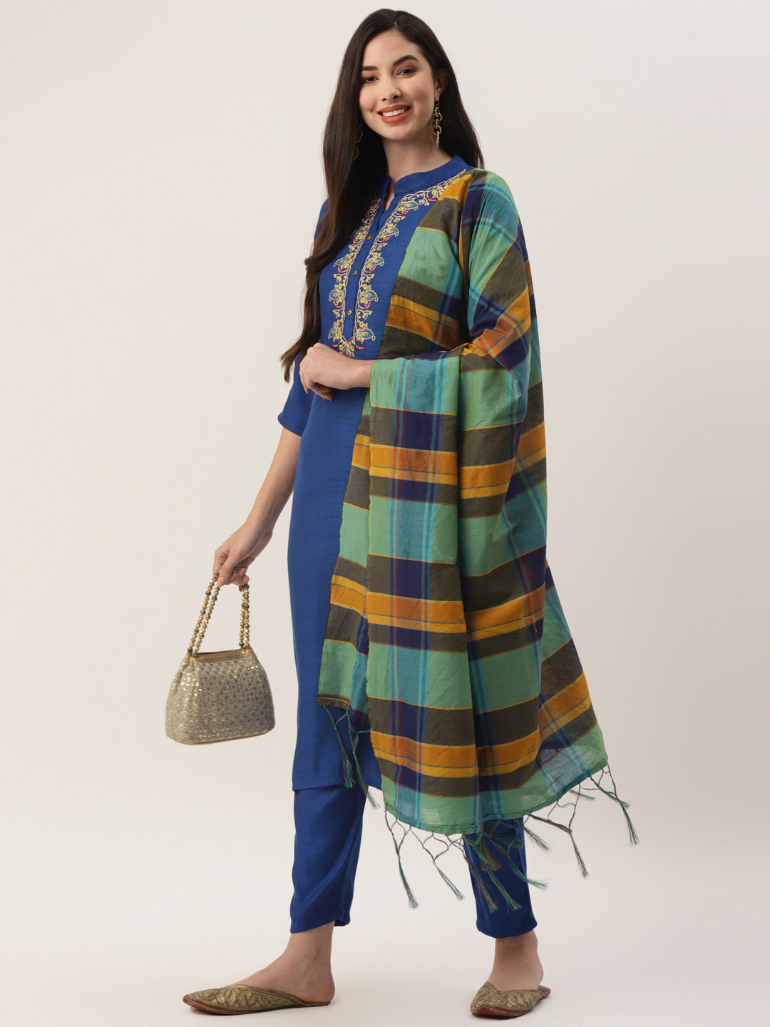 Women's Blue Rayon Blend Embroidered Straight Kurta Trouser Set With Dupatta