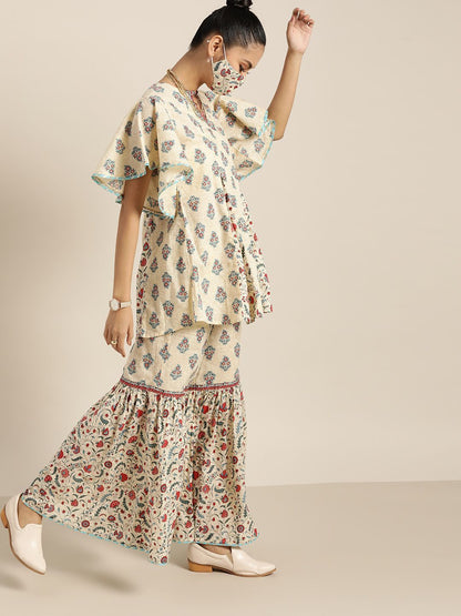 Women's Floral Print Tunic Sharara Set With Mask