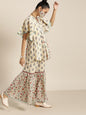 Women's Floral Print Tunic Sharara Set With Mask