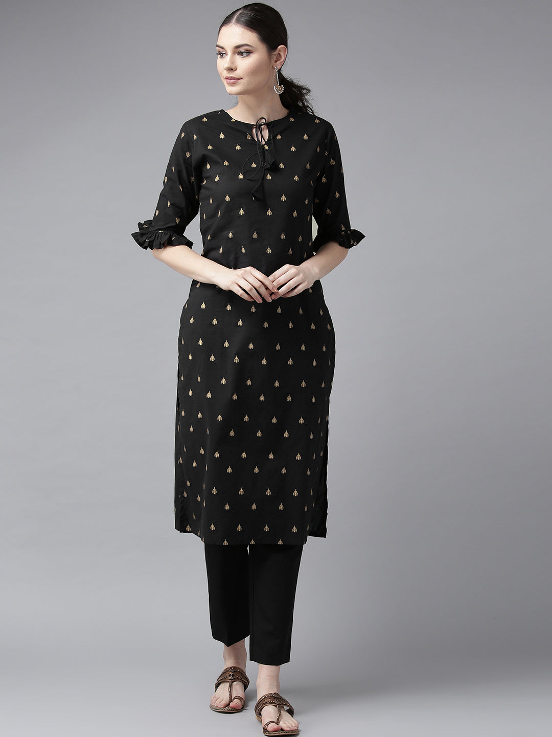 Women's Black And Golden Block Printed Straight Kurta