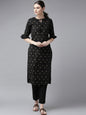 Women's Black And Golden Block Printed Straight Kurta