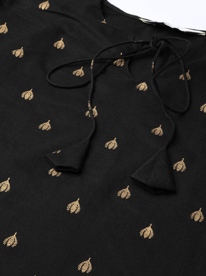 Women's Black And Golden Block Printed Straight Kurta