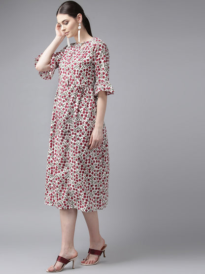 Women's White & Maroon Floral Print A-Line Kurta