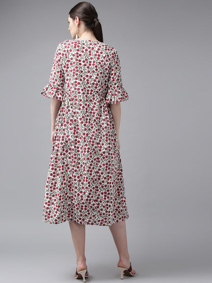Women's White & Maroon Floral Print A-Line Kurta