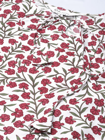 Women's White & Maroon Floral Print A-Line Kurta