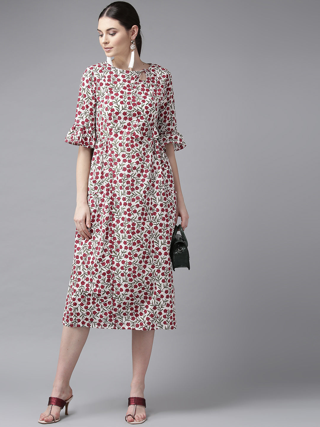 Women's White & Maroon Floral Print A-Line Kurta