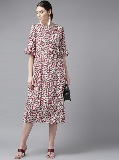 Women's White & Maroon Floral Print A-Line Kurta