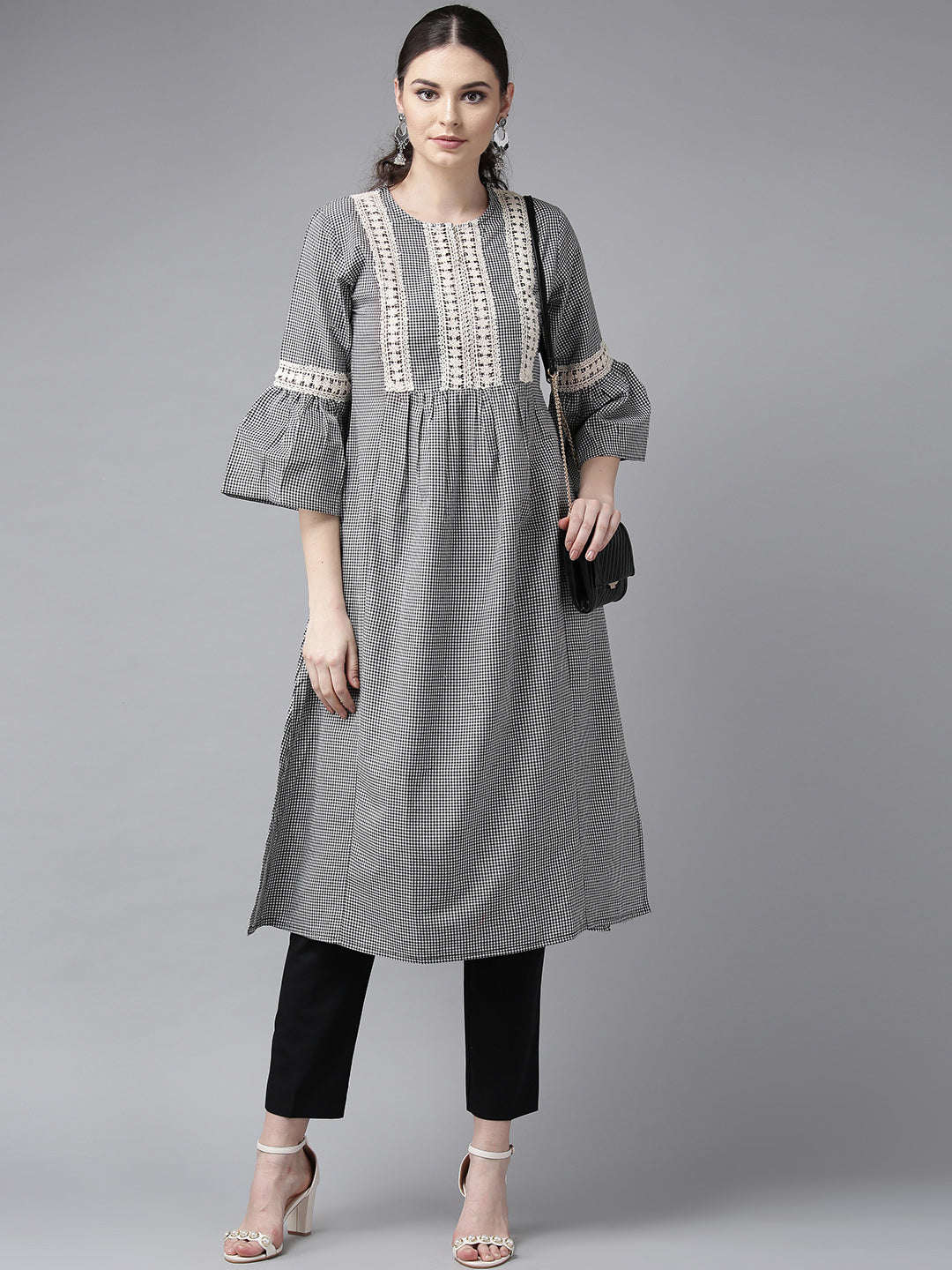 Women's Black & White Checked A-Line Kurta