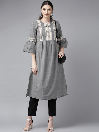 Women's Black & White Checked A-Line Kurta