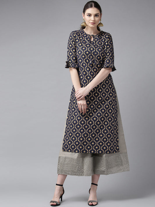 Women's Navy Blue & Golden Block Printed Straight Kurta