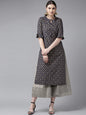 Women's Navy Blue & Golden Block Printed Straight Kurta