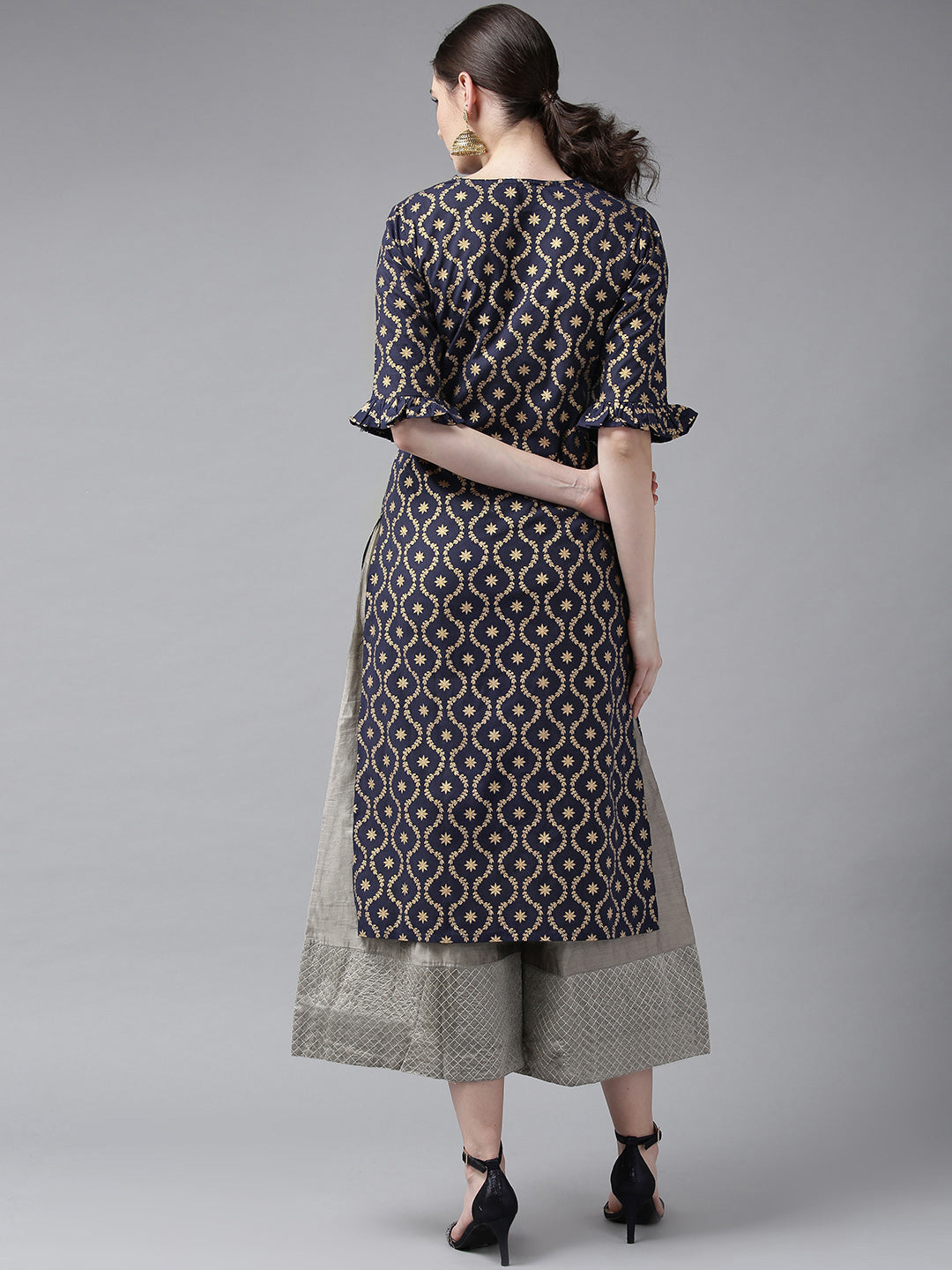 Women's Navy Blue & Golden Block Printed Straight Kurta