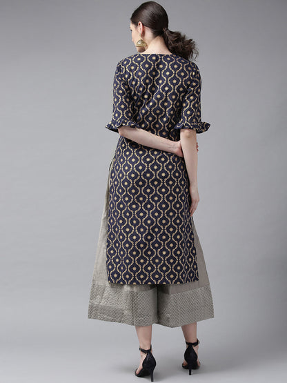 Women's Navy Blue & Golden Block Printed Straight Kurta