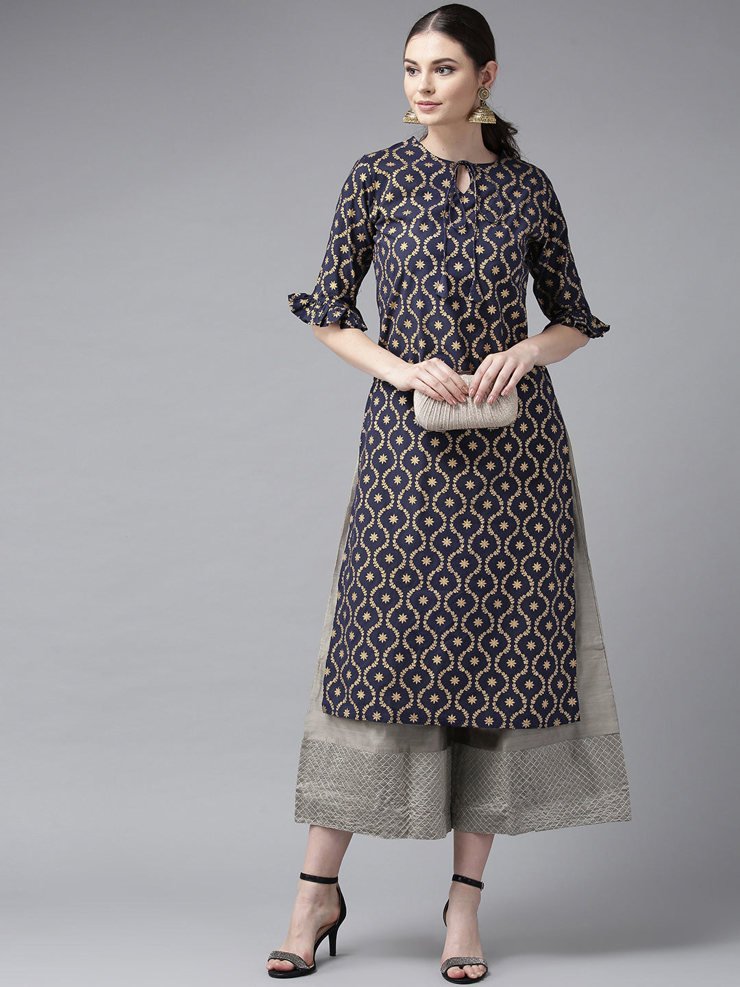 Women's Navy Blue & Golden Block Printed Straight Kurta