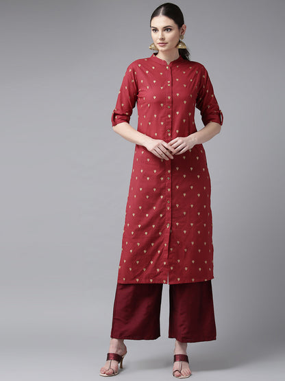 Women's Maroon & Golden Block Printed Straight Kurta