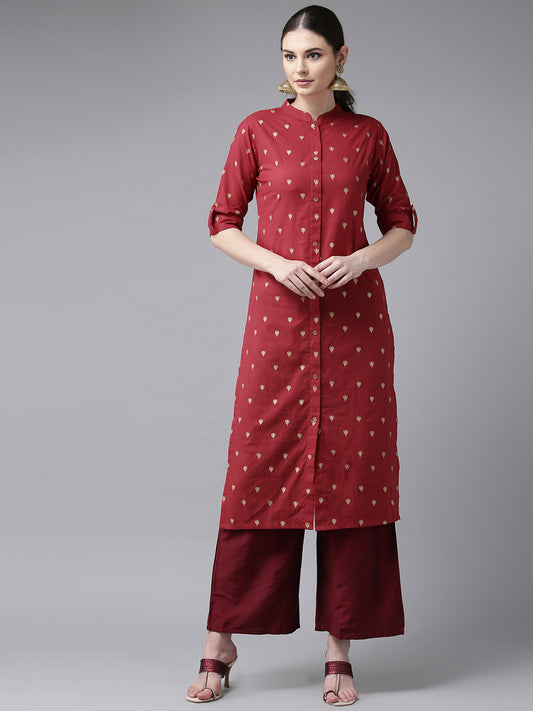 Women's Maroon & Golden Block Printed Straight Kurta