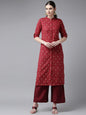 Women's Maroon & Golden Block Printed Straight Kurta